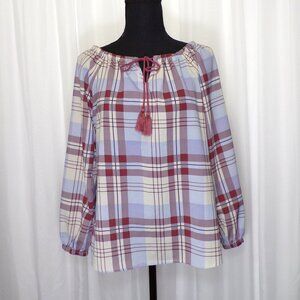 Casual Plaid Top Women XS Burgundy Blue Tassel Long Sleeve Pullover Daily Thread